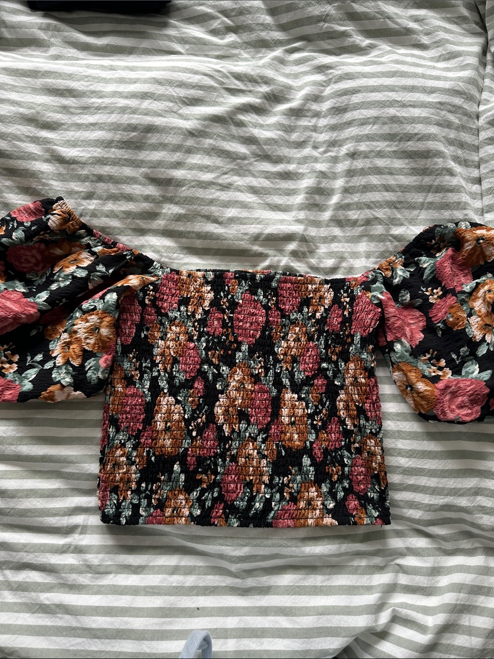 Forever 21 Black Floral Smocked Off-Shoulder Top with Puff Sleeves